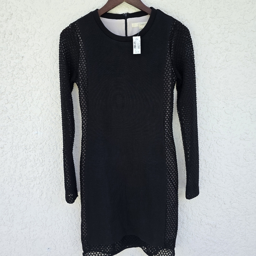 NWT Mesh Sleeve Bodycon Midi Dress Black Minimalist Luxury Goth Size 4